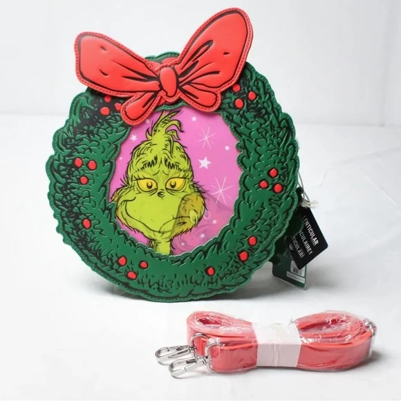 Dr. Seuss' How the Grinch Stole Christmas Wreath Crossbody Bag Red Green - Picture 1 of 12